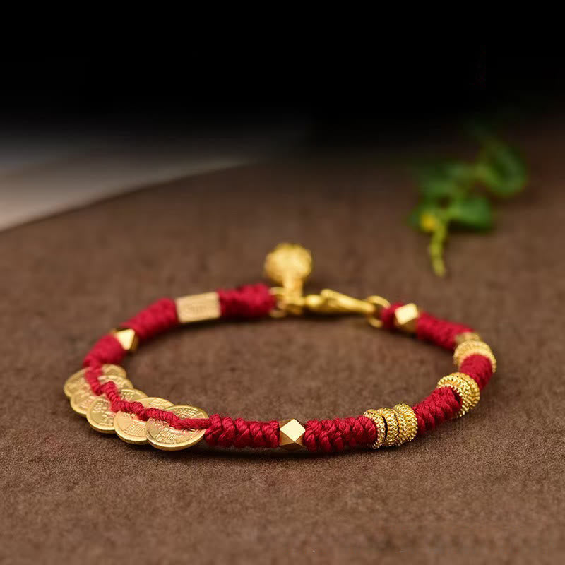 Bransoletka pleciona z pięciu monet cesarskich z Buddha Stones , ręcznie robiona, z bogatym sznurkiem - image 2