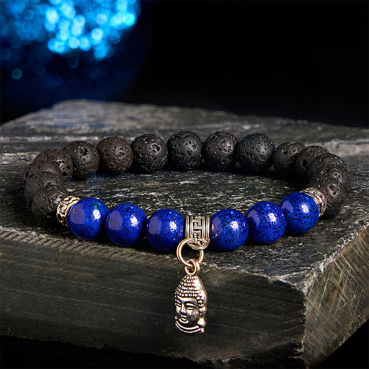 Bransoletka lecznicza z czarnymi koralikami z lawy wulkanicznej i Buddha Stones , ze wzorem zwierzęcym - Wzór głowy Buddy (obwód nadgarstka: 15-17 cm) - image 9