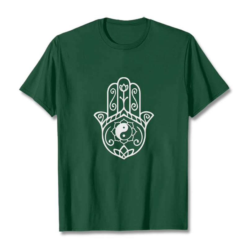 Koszulka bawełniana z Buddha Stones i dłonią Hamsa Yin Yang - ForestGreen - 2XL - image 1