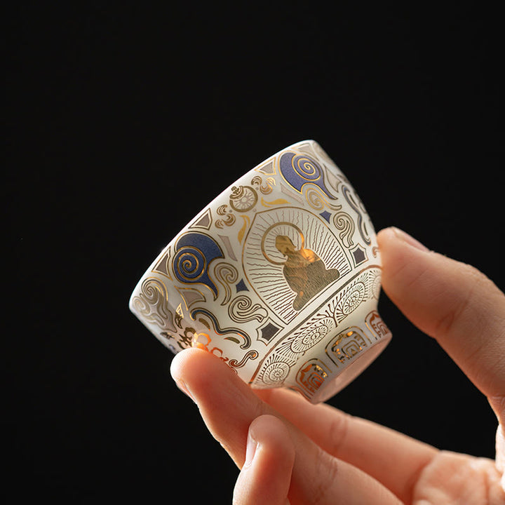 Buddha Stones, biała Thangka Buddy, pomyślne chmury, filiżanka do herbaty Kung Fu - Wzór Buddy 5,3 cm * 4,3 cm * 40 ml - image 0