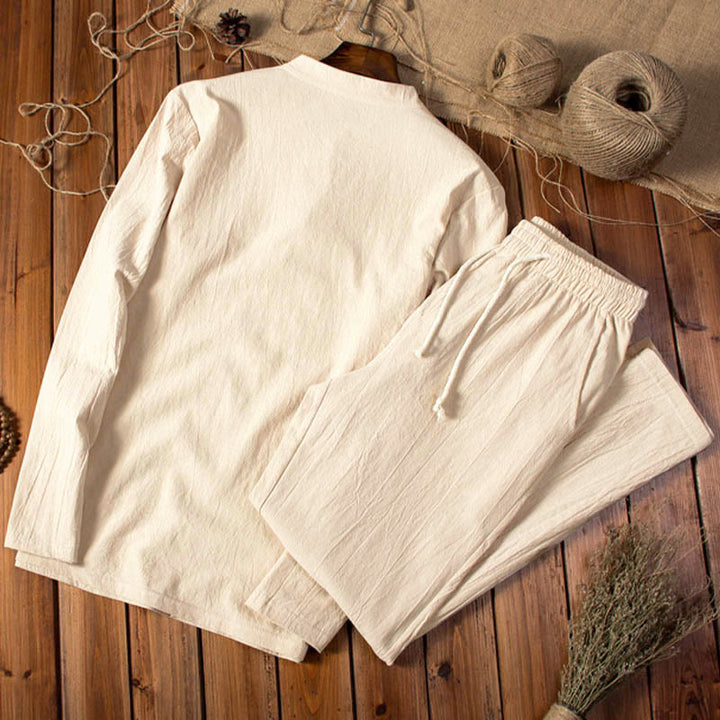 Buddha Stones, czysty kolor, bawełna, len, długi rękaw, spodnie, komplet męski - image 2