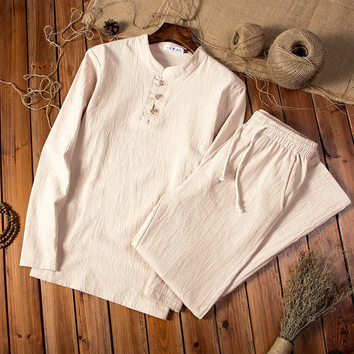 Buddha Stones, czysty kolor, bawełna, len, długi rękaw, spodnie, komplet męski - Mokasyn - US/UK/AU44,EU54 (5XL) - image 1