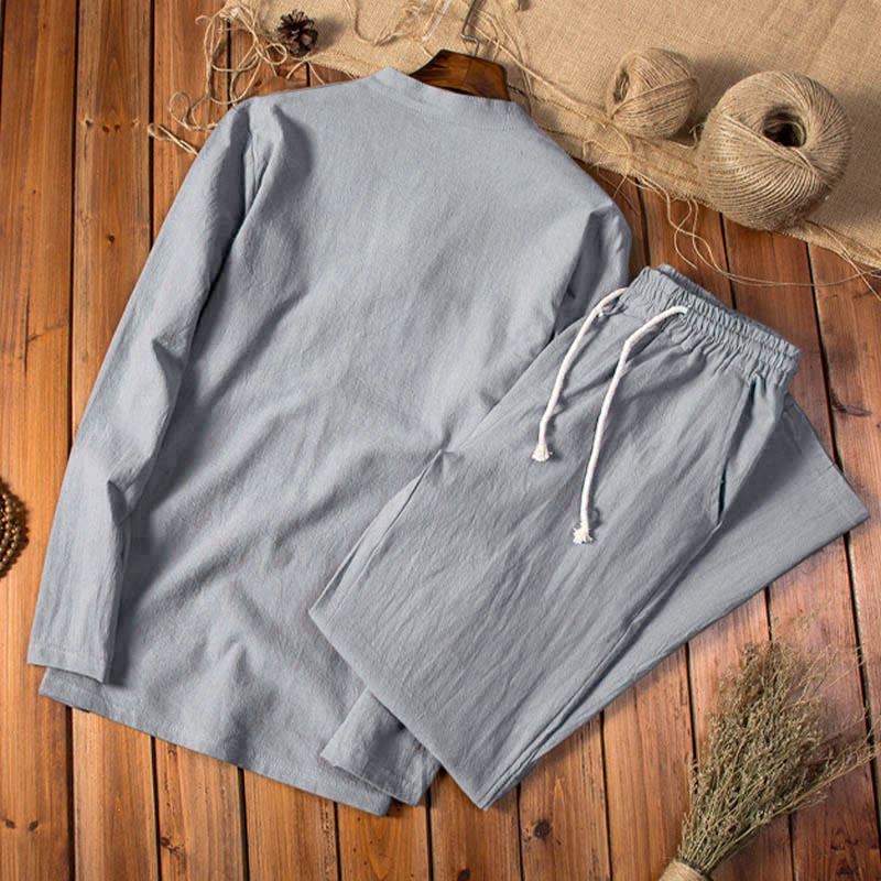 Buddha Stones, czysty kolor, bawełna, len, długi rękaw, spodnie, komplet męski - image 9