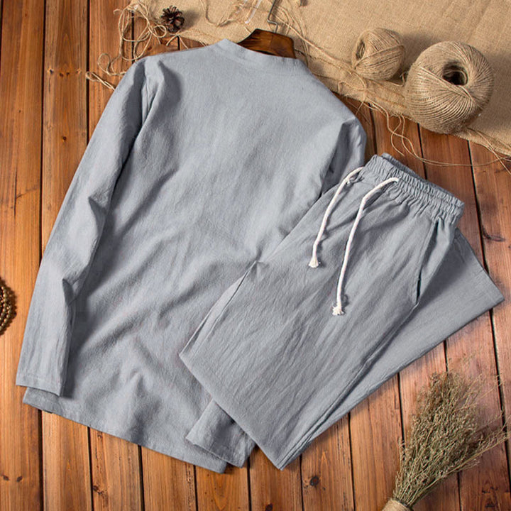 Buddha Stones, czysty kolor, bawełna, len, długi rękaw, spodnie, komplet męski - image 9