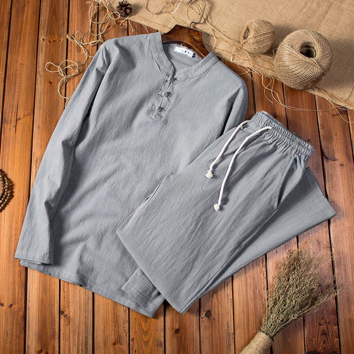 Buddha Stones, czysty kolor, bawełna, len, długi rękaw, spodnie, komplet męski - DimGray - US/UK/AU44,EU54 (5XL) - image 8