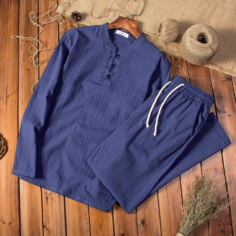 Buddha Stones, czysty kolor, bawełna, len, długi rękaw, spodnie, komplet męski - MidnightBlue - US/UK/AU44,EU54 (5XL) - image 12