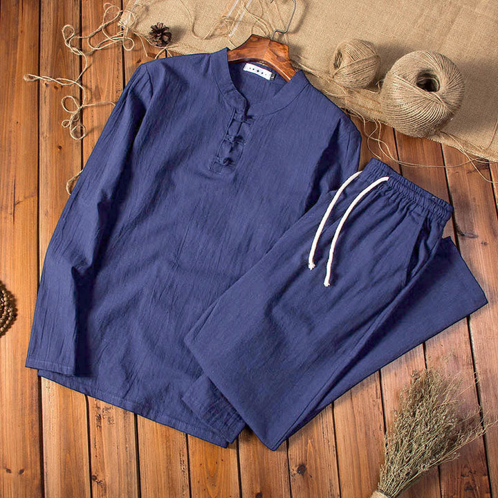 Buddha Stones, czysty kolor, bawełna, len, długi rękaw, spodnie, komplet męski - MidnightBlue - US/UK/AU44,EU54 (5XL) - image 12