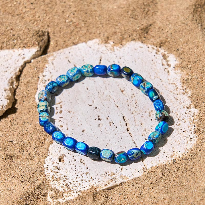 Naturalne kolorowe Buddha Stones , owalne kwadratowe koraliki, bransoletka antystresowa - Ciemnoniebieski Kamień Cesarski (Obwód nadgarstka: 15-17 cm) - image 6
