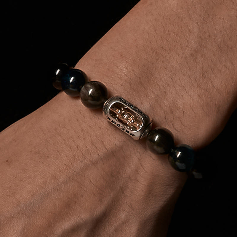 Bransoletka kojąca Om Mani Padme Hum z Buddha Stones w naturalnym srebrnym połysku i obsydianowym niebieskim tygrysim okiem - image 3