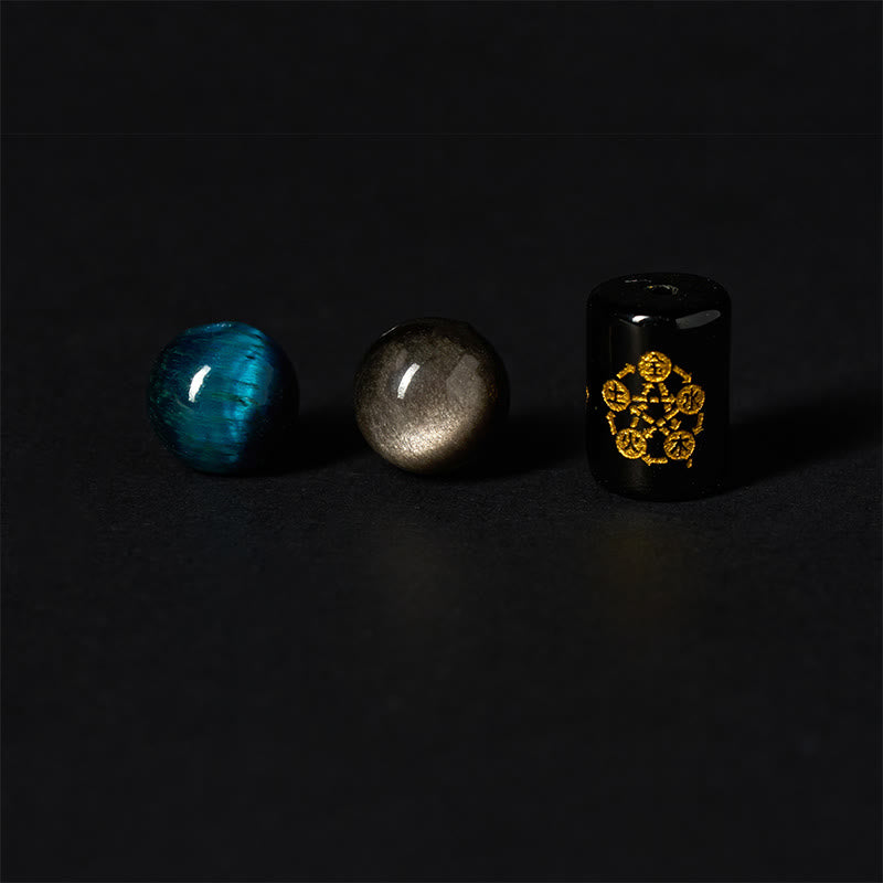 Bransoletka ochronna pięciu żywiołów z Buddha Stones , srebrny połysk, obsydian, niebieskie oko tygrysa, czarny onyks - image 7