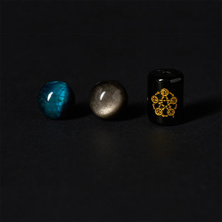Bransoletka ochronna pięciu żywiołów z Buddha Stones , srebrny połysk, obsydian, niebieskie oko tygrysa, czarny onyks - image 7