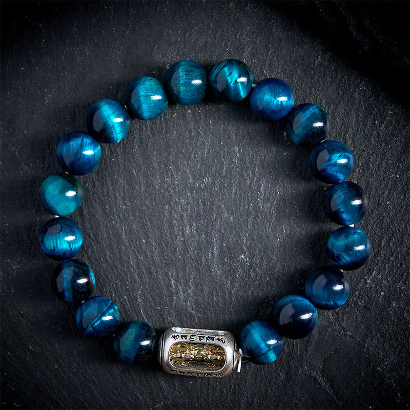 Bransoletka wzmacniająca Om Mani Padme Hum z Buddha Stones, naturalnym niebieskim tygrysim okiem - image 1