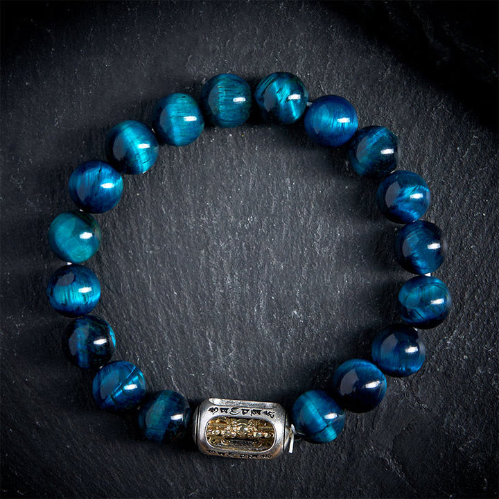 Bransoletka wzmacniająca Om Mani Padme Hum z Buddha Stones, naturalnym niebieskim tygrysim okiem - image 1