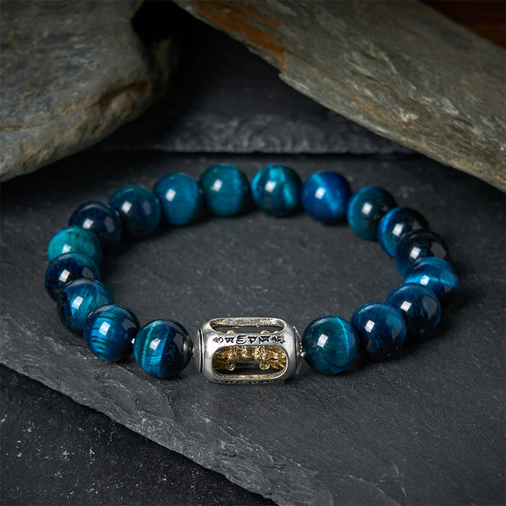 Bransoletka wzmacniająca Om Mani Padme Hum z Buddha Stones, naturalnym niebieskim tygrysim okiem - 20 cm - image 0