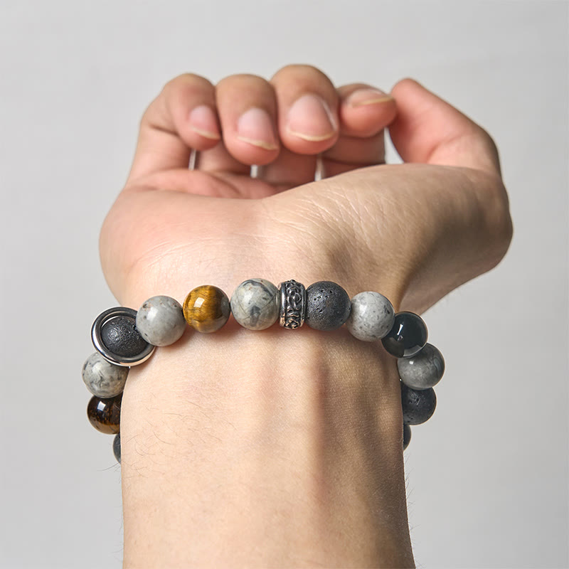 Bransoletka lecznicza z Buddha Stones , szarego jaspisu, lawy wulkanicznej i obsydianu z tygrysim okiem w srebrnym połysku - image 3