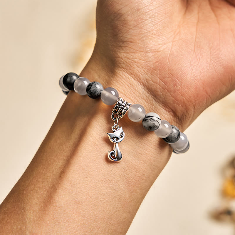 Bransoletka lecznicza z koralikami z agatu i naturalnego szarego jaspisu z Buddha Stones i kotem birmańskim - image 3