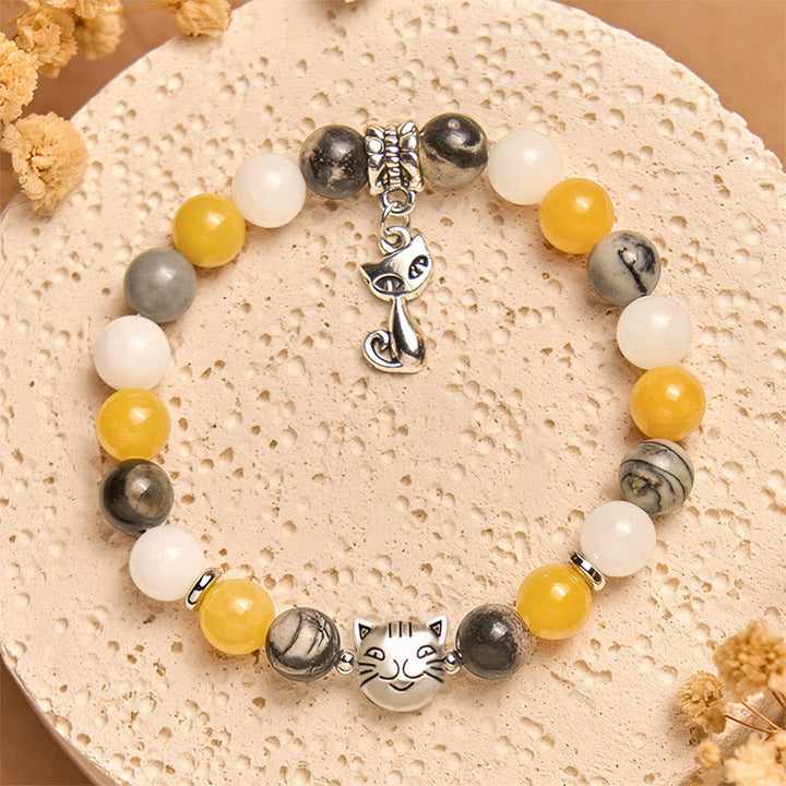 Bransoletka lecznicza z koralików chalcedonowych z naturalnego szarego jaspisu z kamieni Buddha Stones Calico Cat - image 4