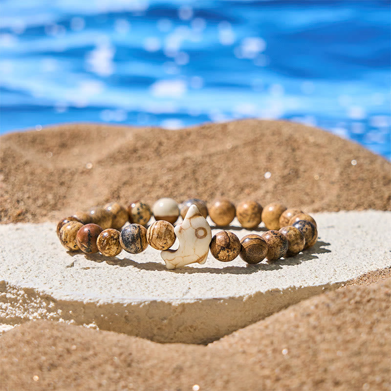 Bransoletka z Buddha Stones , naturalnymi i różnymi kamieniami, z delfinem, zapewniająca równowagę duchową - Jaspis obrazkowy (obwód nadgarstka: 15-18 cm) - image 0