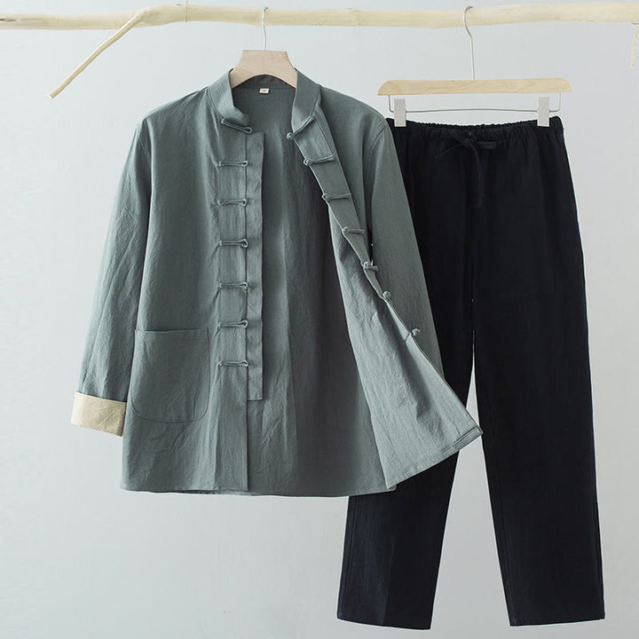 Buddha Stones , 2-częściowy zestaw Tang Suit, męski, bawełniany, z długim rękawem, guzikami żaby i spodniami, z kieszeniami - Koszula CadetBlue + czarne spodnie - US/UK/AU44, EU54 (4XL) - image 0