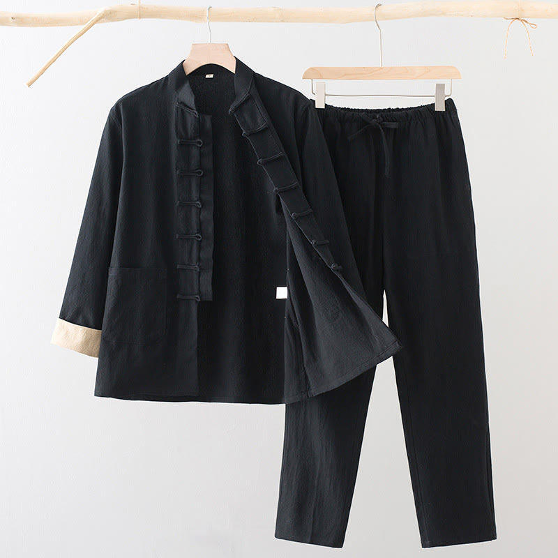 Buddha Stones , 2-częściowy zestaw Tang Suit, męski, bawełniany, z długim rękawem, guzikami żaby i spodniami, z kieszeniami - Czarny - US/UK/AU44, EU54 (4XL) - image 1