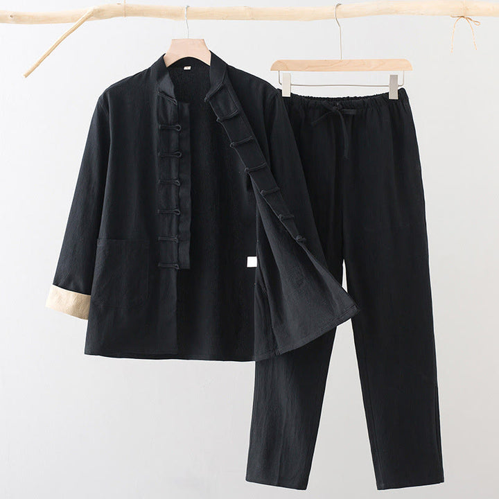 Buddha Stones , 2-częściowy zestaw Tang Suit, męski, bawełniany, z długim rękawem, guzikami żaby i spodniami, z kieszeniami - Czarny - US/UK/AU44, EU54 (4XL) - image 1