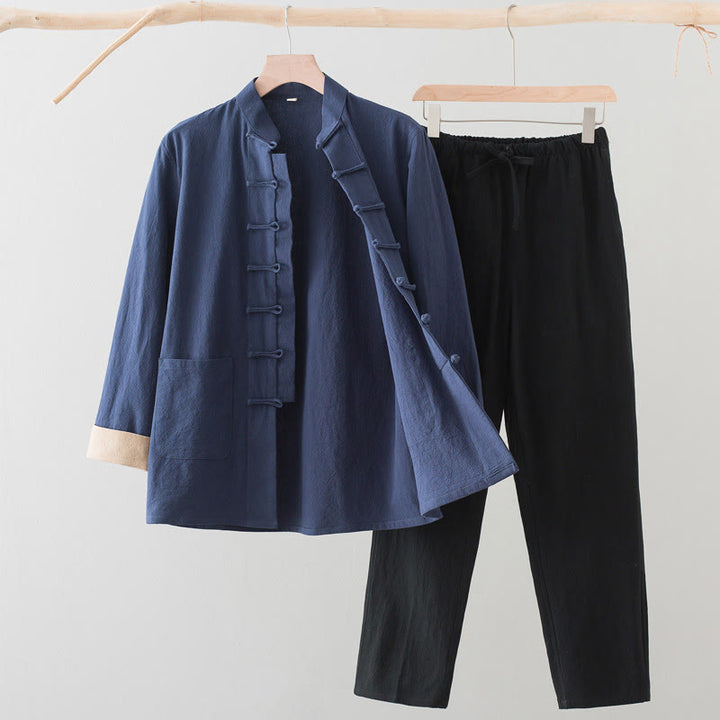 Buddha Stones , 2-częściowy zestaw Tang Suit, męski, bawełniany, z długim rękawem, guzikami żaby i spodniami, z kieszeniami - Koszula SteelBlue + czarne spodnie - US/UK/AU44, EU54 (4XL) - image 4