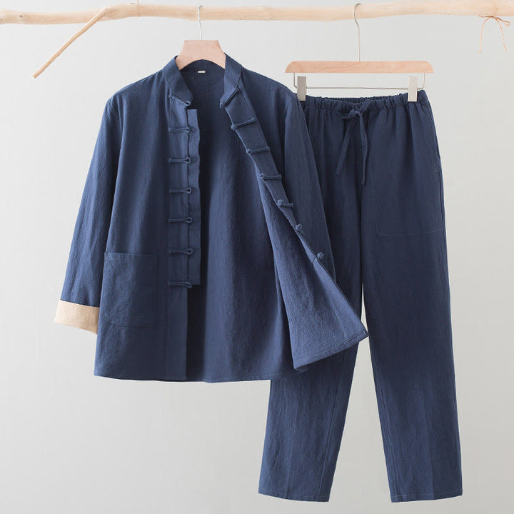 Buddha Stones , 2-częściowy zestaw Tang Suit, męski, bawełniany, z długim rękawem, guzikami żaby i spodniami, z kieszeniami - Stalowoniebieski - US/UK/AU44, EU54 (4XL) - image 13