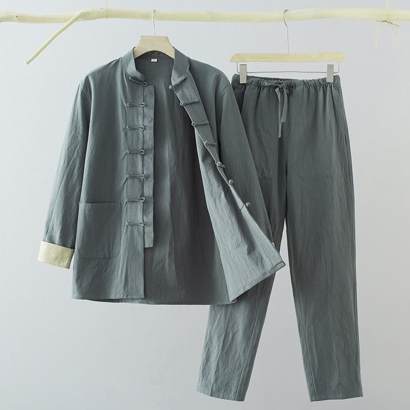 Buddha Stones , 2-częściowy zestaw Tang Suit, męski, bawełniany, z długim rękawem, guzikami żaby i spodniami, z kieszeniami - CadetBlue - US/UK/AU44, EU54 (4XL) - image 14