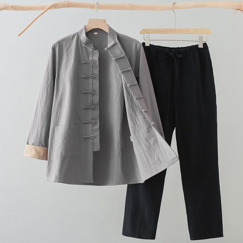 Buddha Stones , 2-częściowy zestaw Tang Suit, męski, bawełniany, z długim rękawem, guzikami żaby i spodniami, z kieszeniami - Koszula w kolorze jasnoszarym + czarne spodnie - US/UK/AU44, EU54 (4XL) - image 16