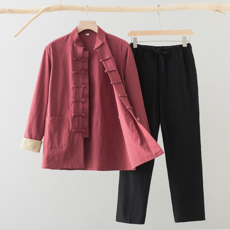 Buddha Stones , 2-częściowy zestaw Tang Suit, męski, bawełniany, z długim rękawem, guzikami żaby i spodniami, z kieszeniami - Koszula łososiowa + czarne spodnie - US/UK/AU44, EU54 (4XL) - image 17