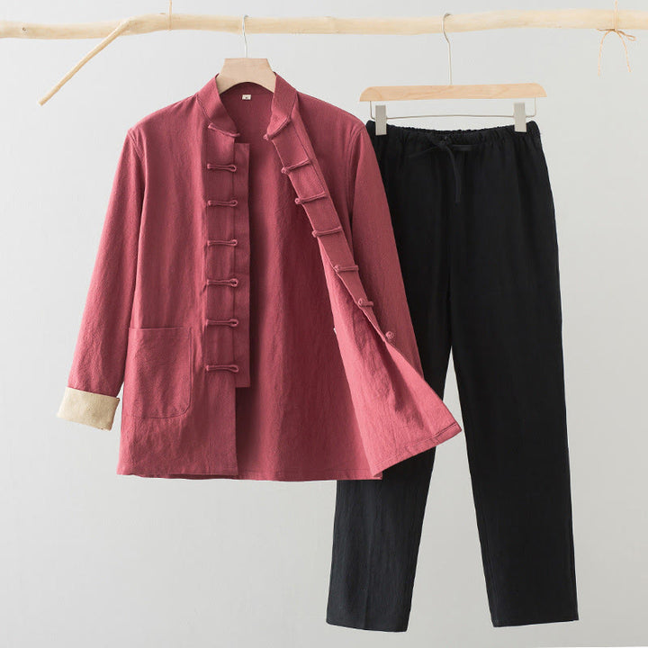 Buddha Stones , 2-częściowy zestaw Tang Suit, męski, bawełniany, z długim rękawem, guzikami żaby i spodniami, z kieszeniami - Koszula łososiowa + czarne spodnie - US/UK/AU44, EU54 (4XL) - image 17