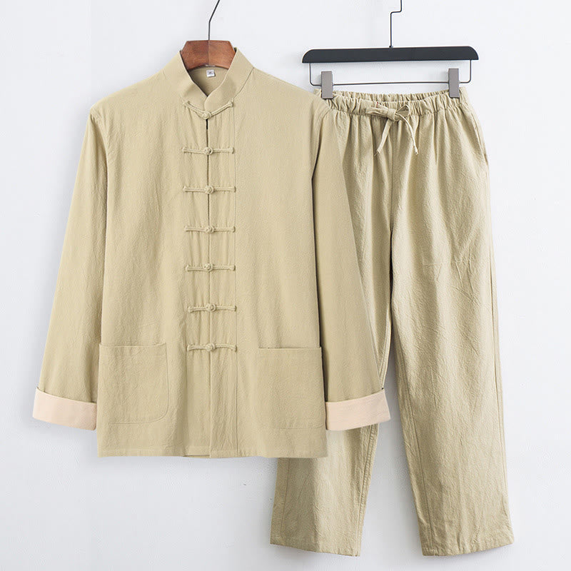 Buddha Stones , 2-częściowy zestaw Tang Suit, męski, bawełniany, z długim rękawem, guzikami żaby i spodniami, z kieszeniami - Blada nawłoć - US/UK/AU44, EU54 (4XL) - image 19