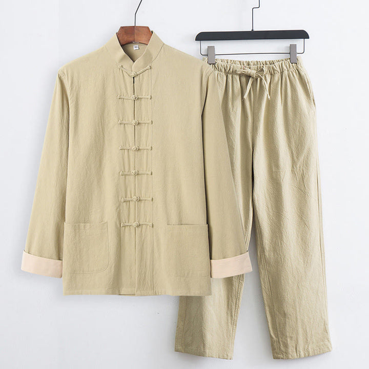 Buddha Stones , 2-częściowy zestaw Tang Suit, męski, bawełniany, z długim rękawem, guzikami żaby i spodniami, z kieszeniami - Blada nawłoć - US/UK/AU44, EU54 (4XL) - image 19