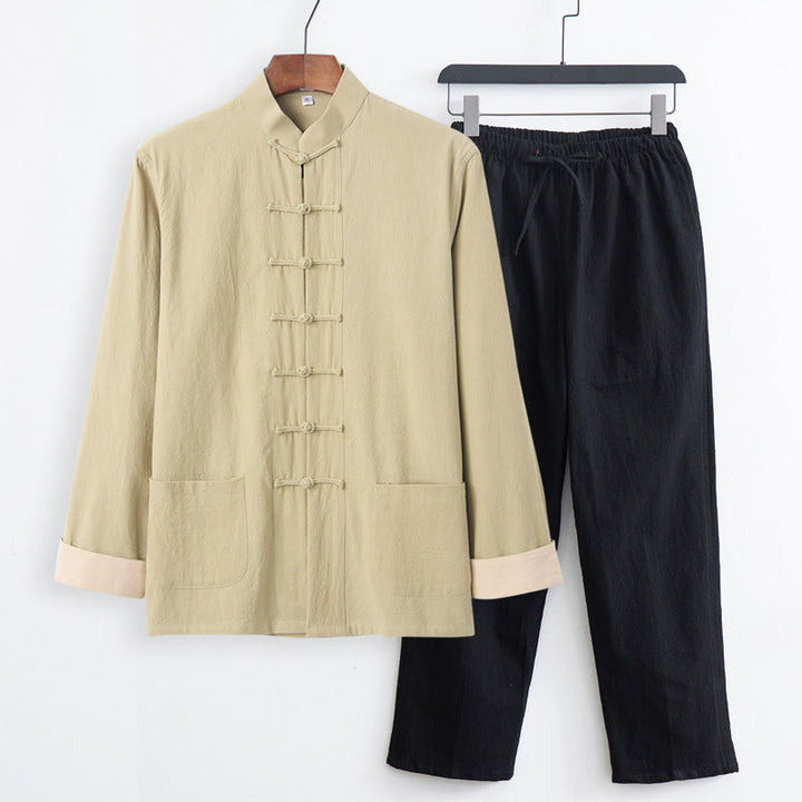 Buddha Stones , 2-częściowy zestaw Tang Suit, męski, bawełniany, z długim rękawem, guzikami żaby i spodniami, z kieszeniami - Koszula PaleGoldenrod + czarne spodnie - US/UK/AU44, EU54 (4XL) - image 20