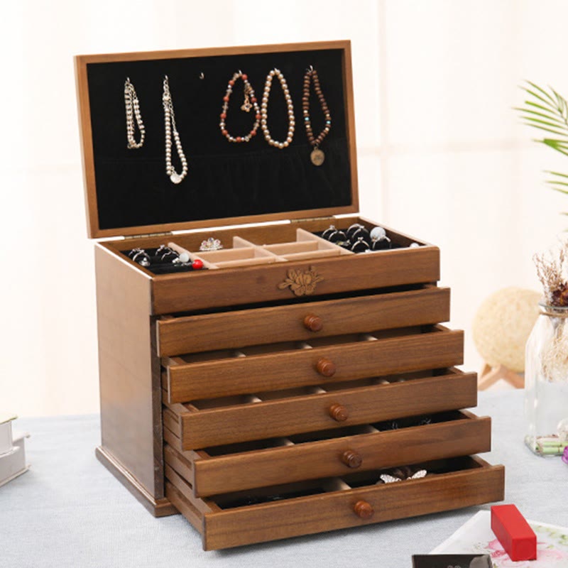 Buddha Stones Duża pojemność Vintage Kwiaty Rzeźbione Drewniane Pudełko na Biżuterię Sześciowarstwowe Pudełko do Przechowywania Biżuterii - Kolor drewna Wenge 32*20,6*24,7 cm - image 5