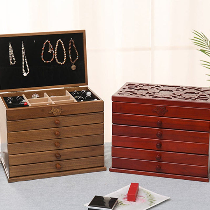 Buddha Stones Duża pojemność Vintage Kwiaty Rzeźbione Drewniane Pudełko na Biżuterię Sześciowarstwowe Pudełko do Przechowywania Biżuterii - image 1