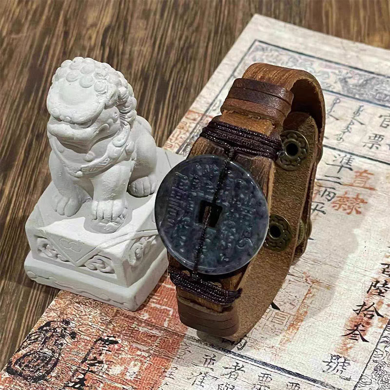 Bransoletka ze skóry z Buddha Stones i duchami gór z jadeitu, wydaj pieniądze i dobrobyt  - Ciemny jadeit (obwód nadgarstka: 15-18 cm) - image 1