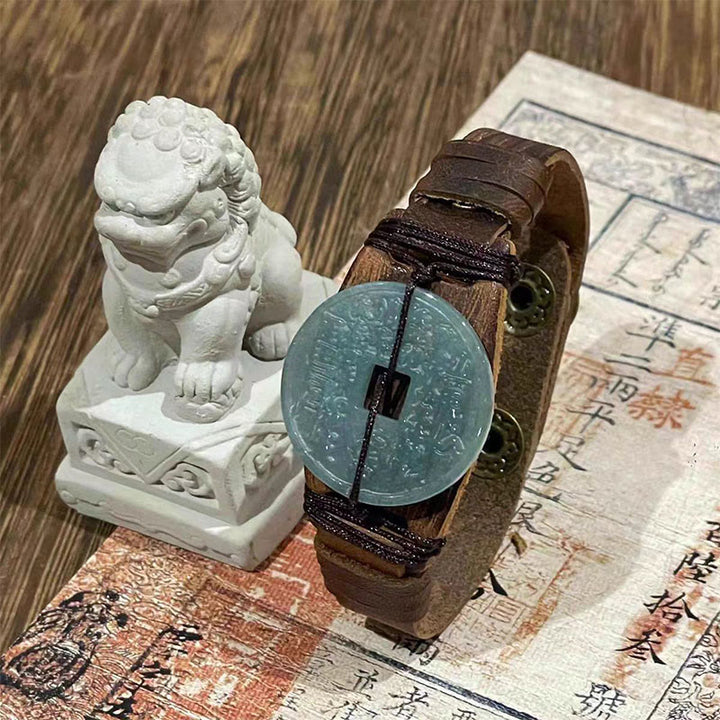 Bransoletka ze skóry z Buddha Stones i duchami gór z jadeitu, wydaj pieniądze i dobrobyt  - Jadeit jasny (obwód nadgarstka: 15-18 cm) - image 0