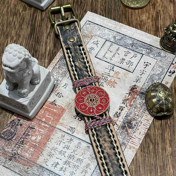 Bransoletka ze skóry z Buddha Stones , lotosem cynobrowym, błogosławieństwem Om Mani Padme Hum  - image 3