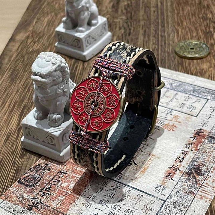 Bransoletka ze skóry z Buddha Stones , lotosem cynobrowym, błogosławieństwem Om Mani Padme Hum  - Om Mani Padme Hum i Cinnabar (obwód nadgarstka: 15-18 cm) - image 0