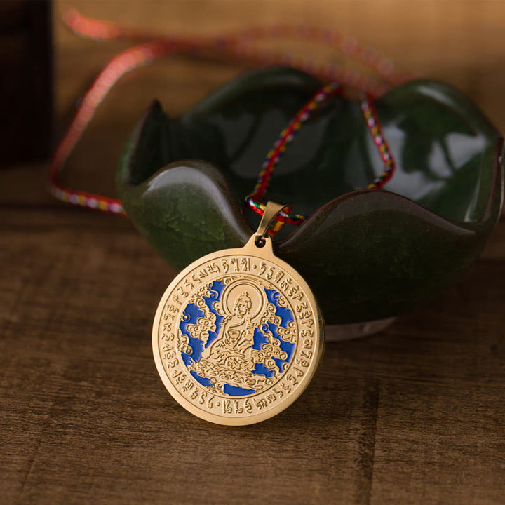 Buddha Stones Niebieski Medycyna Serce Buddy Mantra Tytanowa stal Wiara Kolorowy naszyjnik z liną Wisiorek - Złoty - image 0