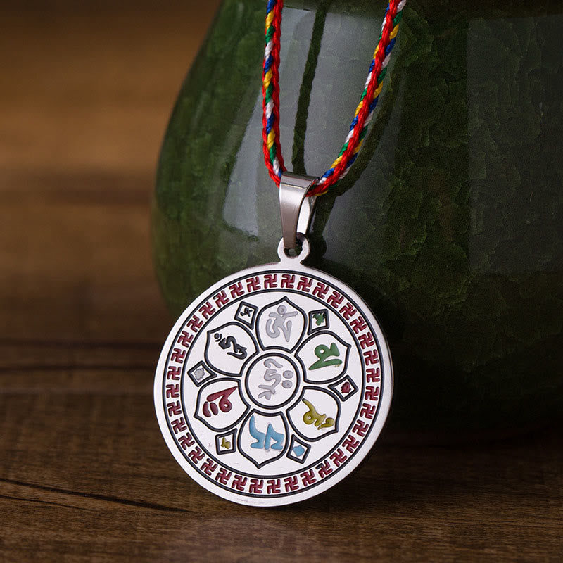 Naszyjnik z kolorowymi Buddha Stones Om Mani Padme Hum ze stali tytanowej z liną ochronną - Srebrzysty - image 0