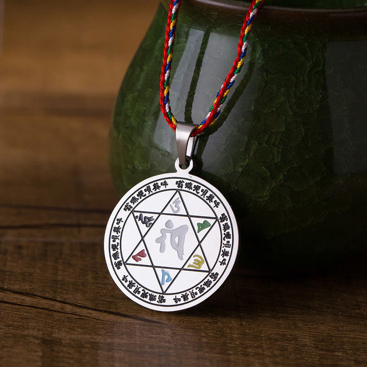 Naszyjnik z kolorowymi Buddha Stones Om Mani Padme Hum ze stali tytanowej z liną ochronną - image 2