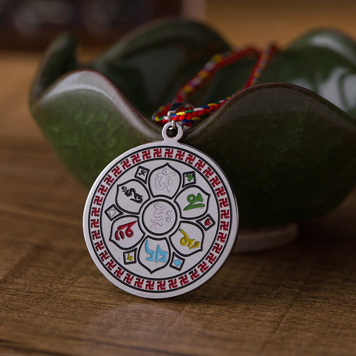 Naszyjnik z kolorowymi Buddha Stones Om Mani Padme Hum ze stali tytanowej z liną ochronną - image 1