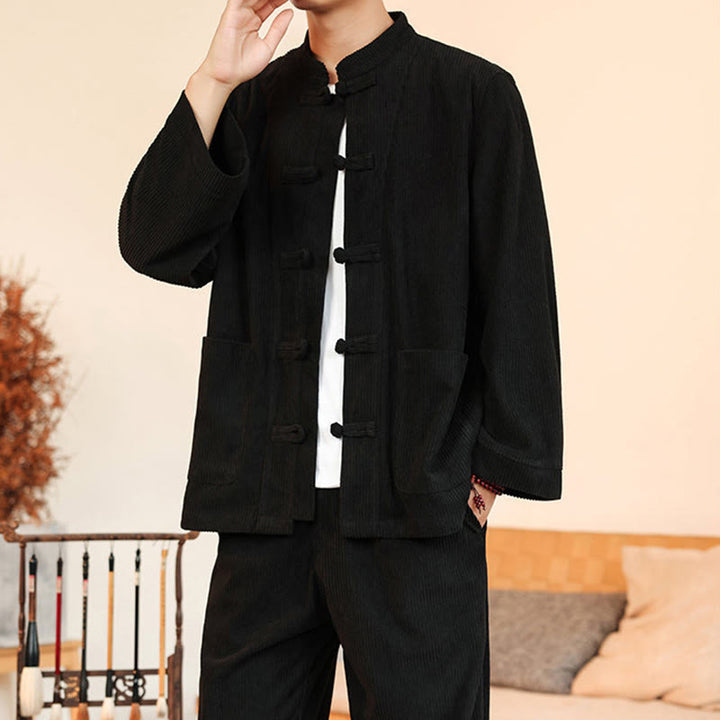 Buddha Stones 2 szt. Gładki męski komplet koszulowy z długim rękawem i guzikami żaby, spodnie z bawełnianego sztruksu z kieszeniami - image 27