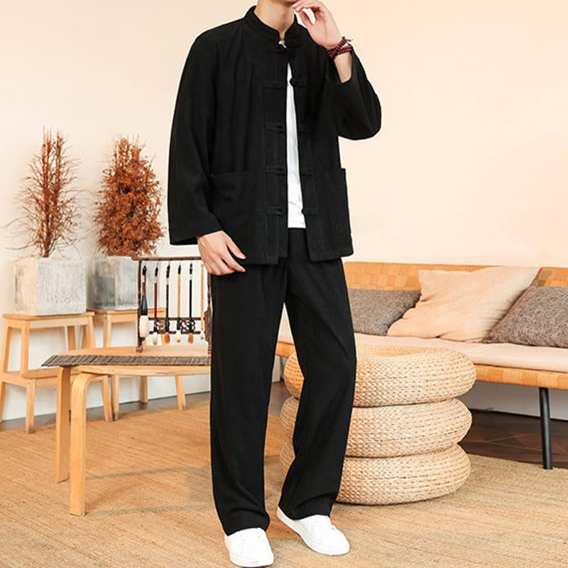 Buddha Stones 2 szt. Gładki męski komplet koszulowy z długim rękawem i guzikami żaby, spodnie z bawełnianego sztruksu z kieszeniami - image 25