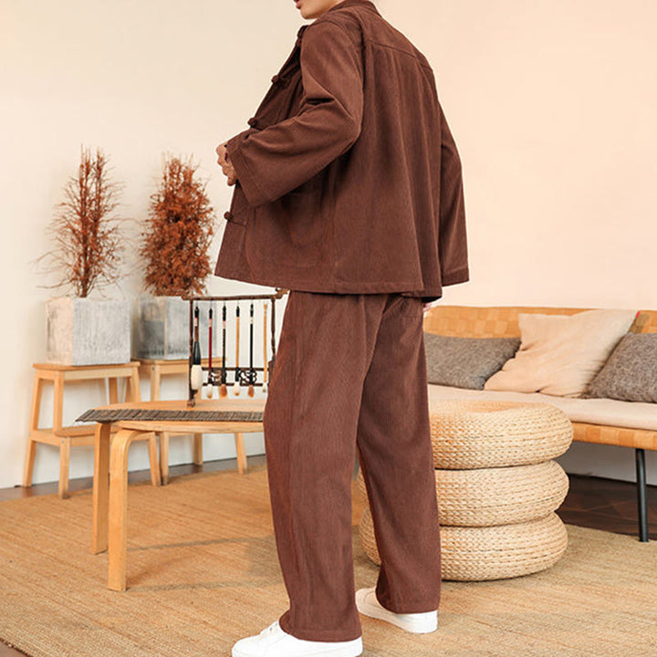 Buddha Stones 2 szt. Gładki męski komplet koszulowy z długim rękawem i guzikami żaby, spodnie z bawełnianego sztruksu z kieszeniami - image 3