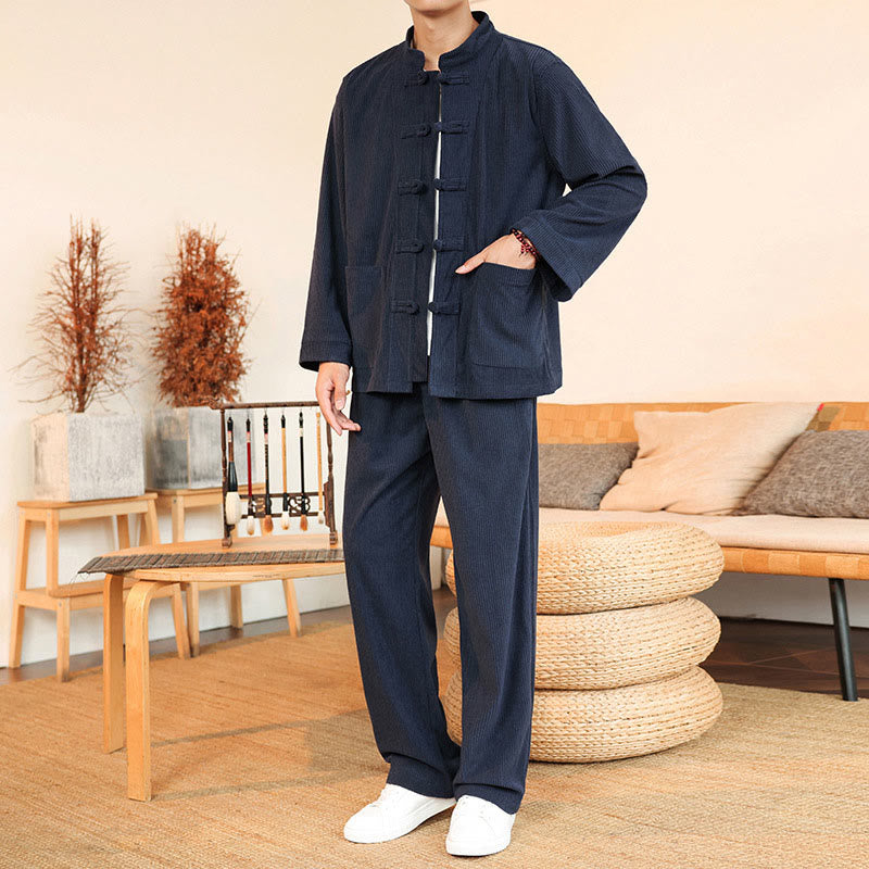 Buddha Stones 2 szt. Gładki męski komplet koszulowy z długim rękawem i guzikami żaby, spodnie z bawełnianego sztruksu z kieszeniami - image 31