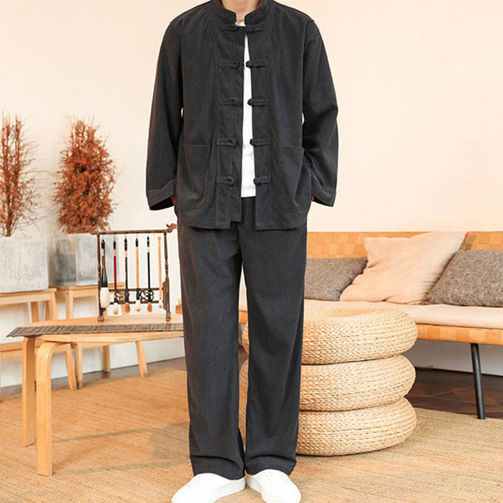 Buddha Stones 2 szt. Gładki męski komplet koszulowy z długim rękawem i guzikami żaby, spodnie z bawełnianego sztruksu z kieszeniami - image 10