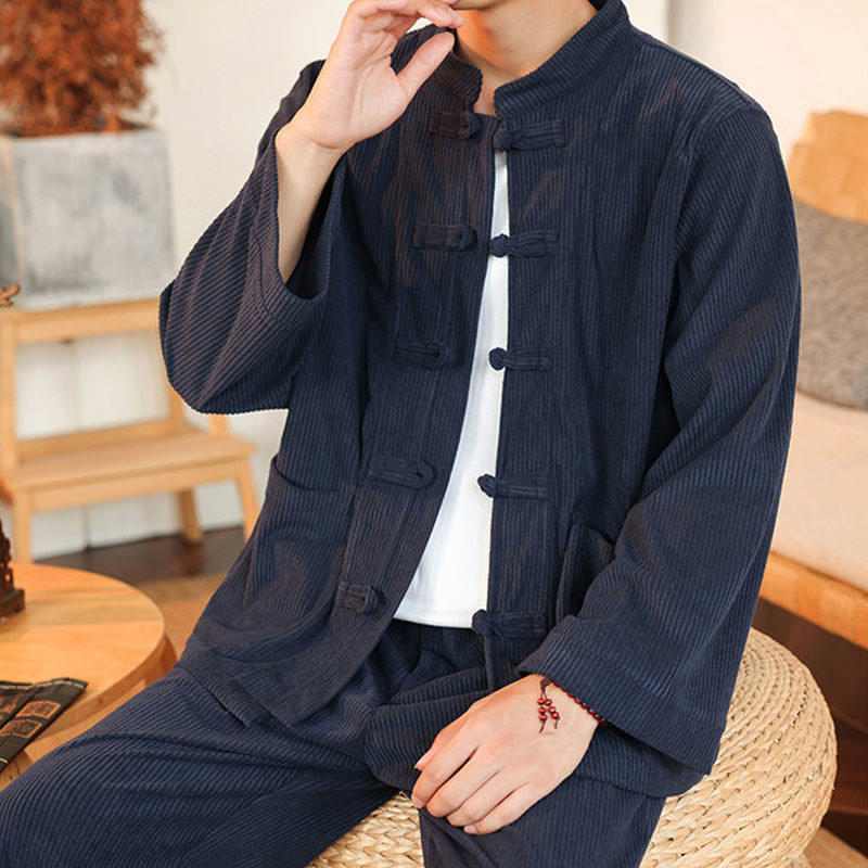 Buddha Stones 2 szt. Gładki męski komplet koszulowy z długim rękawem i guzikami żaby, spodnie z bawełnianego sztruksu z kieszeniami - image 36